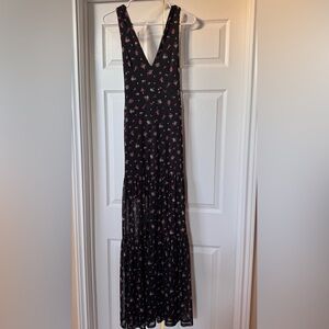 Black Floral Maxi Skirt with Pink Detail